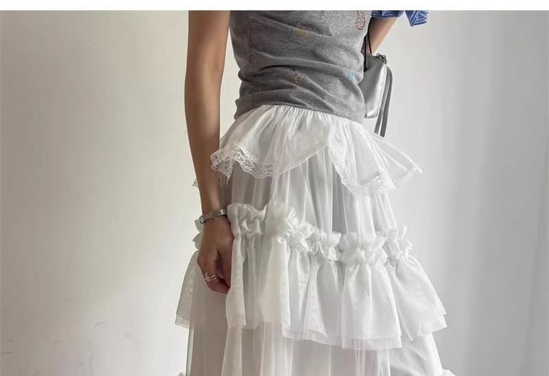 Mesh Maxi Skirt with Frill Trim and High Rise