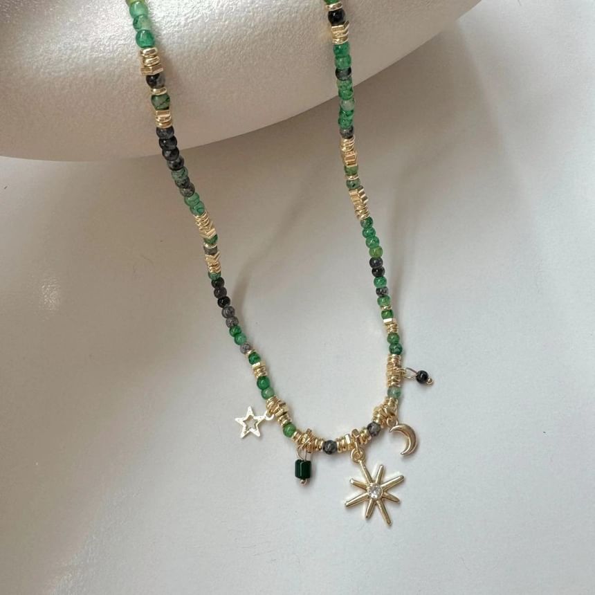 Moon & Star Pendant Faux Gemstone Bead Alloy Choker / Disc Fringed Alloy Station Choker