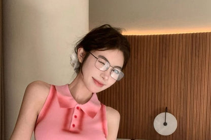 Collar Henley Contrast Trim Crop Slim Fit Tank Top