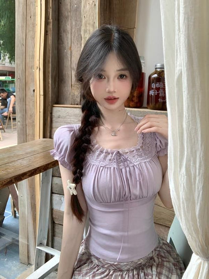 Short-Sleeve Square Neck Plain Bow Lace Trim Slim Fit Tee