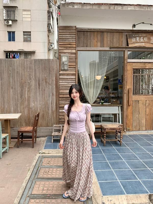 Short-Sleeve Square Neck Plain Bow Lace Trim Slim Fit Tee