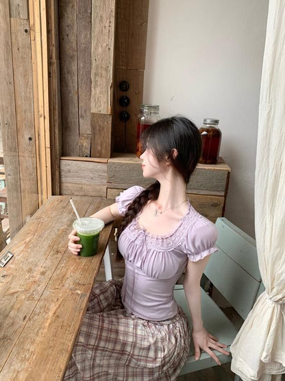 Short-Sleeve Square Neck Plain Bow Lace Trim Slim Fit Tee