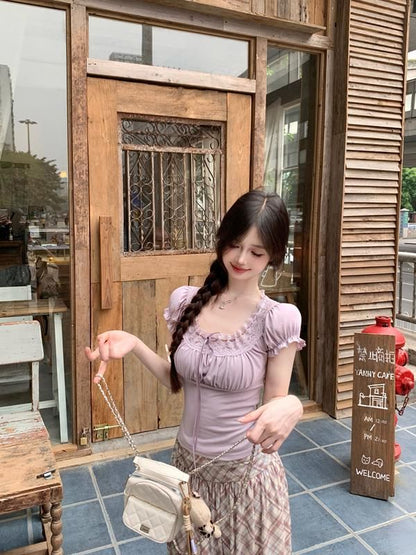 Short-Sleeve Square Neck Plain Bow Lace Trim Slim Fit Tee