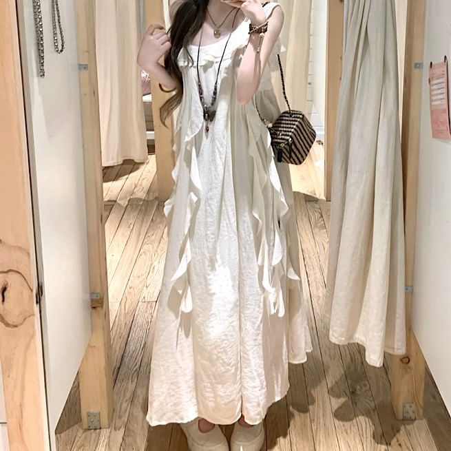 Sleeveless Plain Asymmetrical Ruffle Trim Midi A-Line Dress