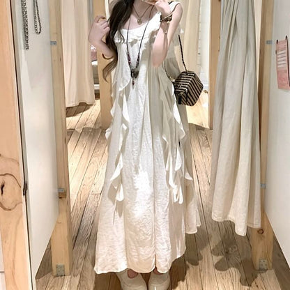 Sleeveless Plain Asymmetrical Ruffle Trim Midi A-Line Dress