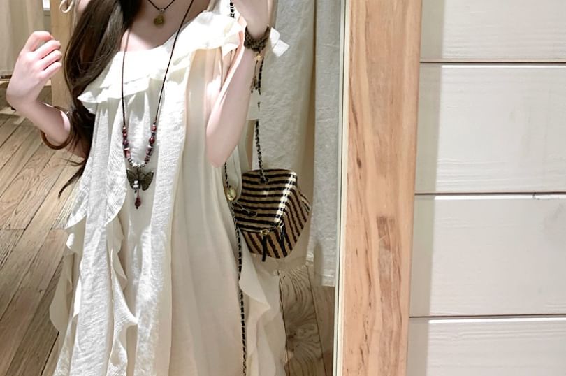 Sleeveless Plain Asymmetrical Ruffle Trim Midi A-Line Dress