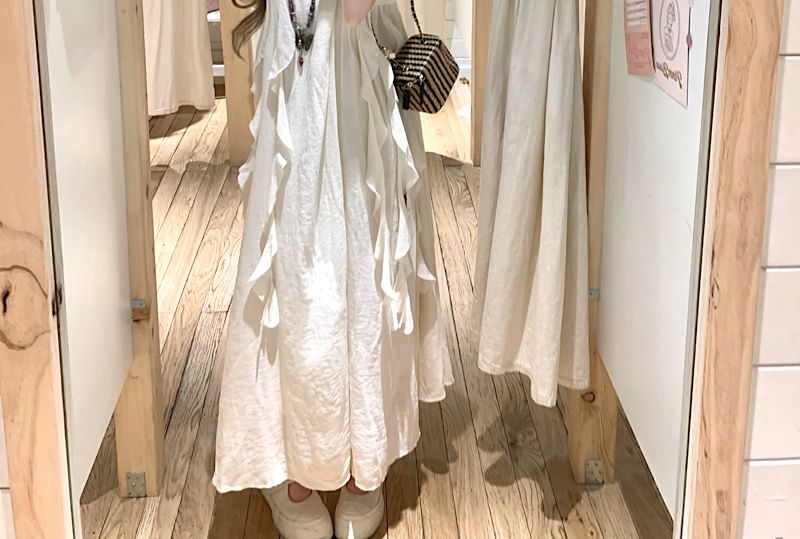 Sleeveless Plain Asymmetrical Ruffle Trim Midi A-Line Dress