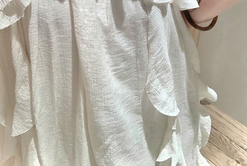 Sleeveless Plain Asymmetrical Ruffle Trim Midi A-Line Dress