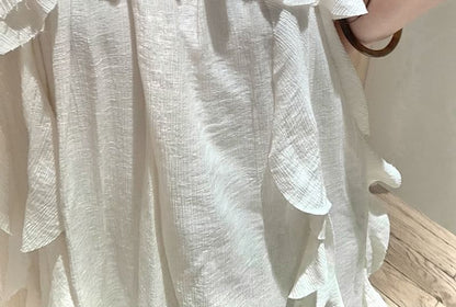 Sleeveless Plain Asymmetrical Ruffle Trim Midi A-Line Dress