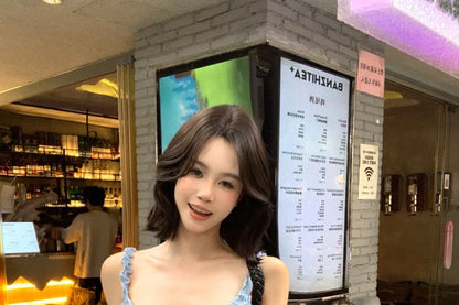 Spaghetti Strap Plain Bow Ruffle Trim Mini Bodycon Dress