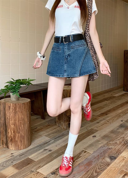 Set: High Waist Asymmetrical Denim Skort + Belt