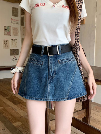 Set: High Waist Asymmetrical Denim Skort + Belt