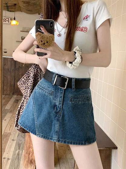 Set: High Waist Asymmetrical Denim Skort + Belt