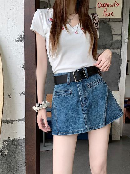 Set: High Waist Asymmetrical Denim Skort + Belt