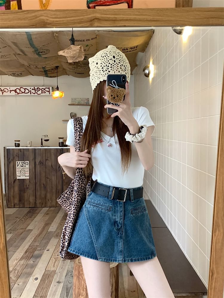 Set: High Waist Asymmetrical Denim Skort + Belt