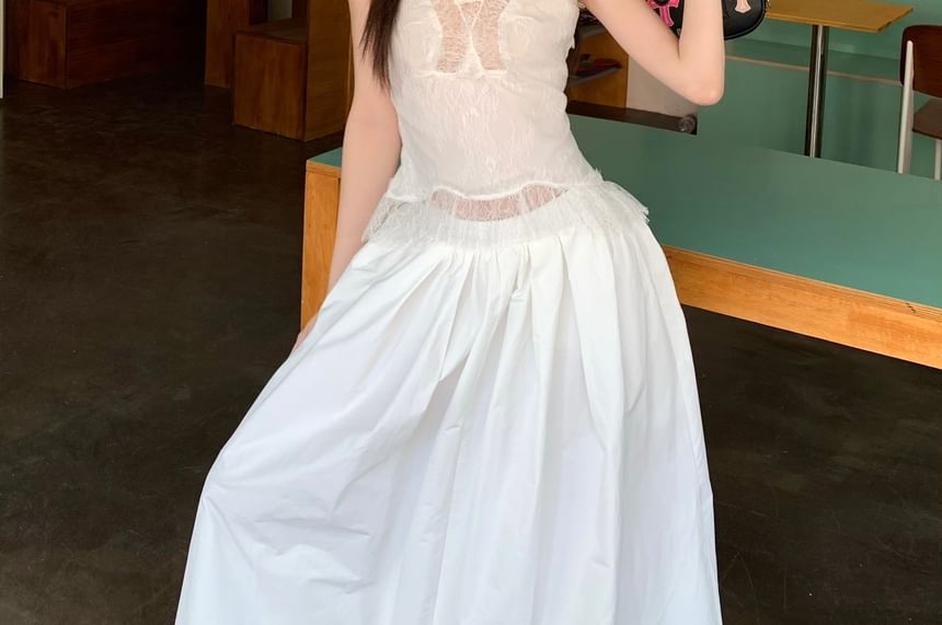 Plain Lace Panel Slim Fit Tank Top / High Rise Maxi A-Line Skirt