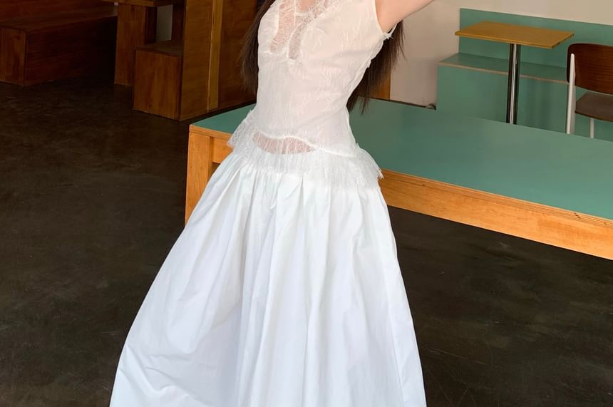 Plain Lace Panel Slim Fit Tank Top / High Rise Maxi A-Line Skirt