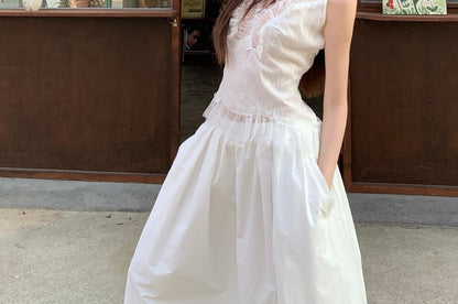 Plain Lace Panel Slim Fit Tank Top / High Rise Maxi A-Line Skirt