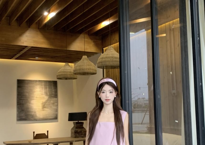 Sleeveless Square Neck Asymmetrical Paneled Midi A-Line Dress