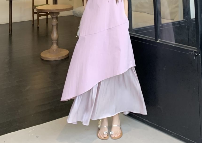 Sleeveless Square Neck Asymmetrical Paneled Midi A-Line Dress