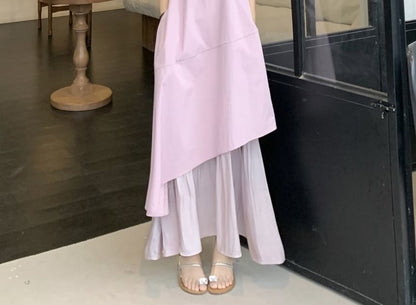 Sleeveless Square Neck Asymmetrical Paneled Midi A-Line Dress