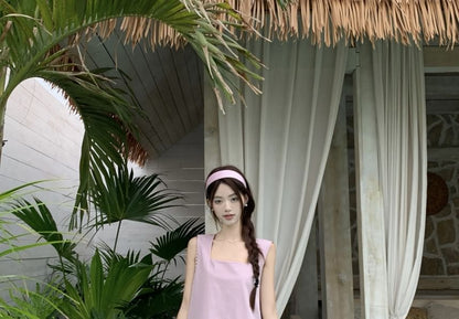 Sleeveless Square Neck Asymmetrical Paneled Midi A-Line Dress