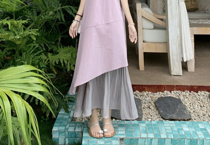 Sleeveless Square Neck Asymmetrical Paneled Midi A-Line Dress