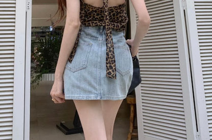 High Rise Striped Rhinestone Denim Mini Pencil Skirt