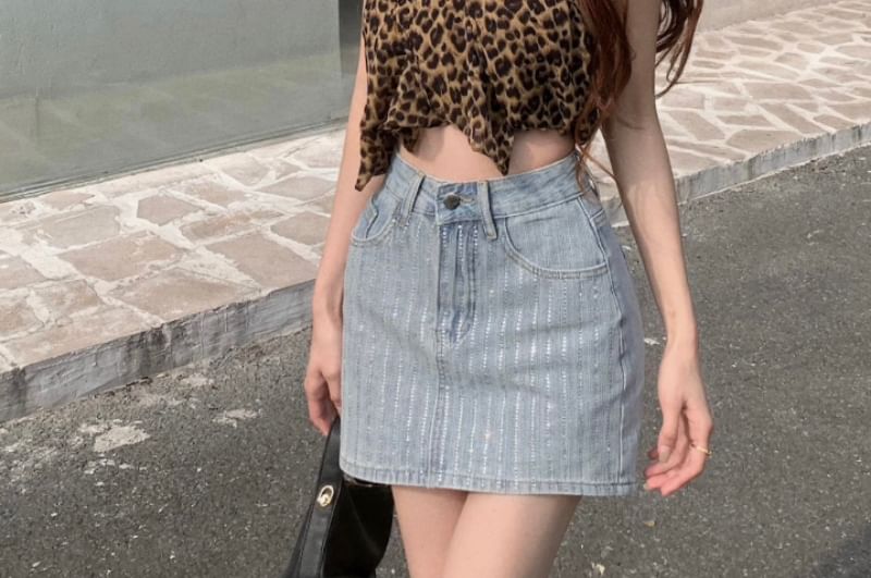 High Rise Striped Rhinestone Denim Mini Pencil Skirt