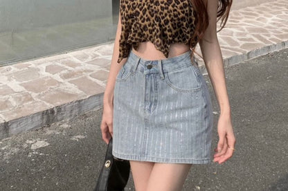 High Rise Striped Rhinestone Denim Mini Pencil Skirt