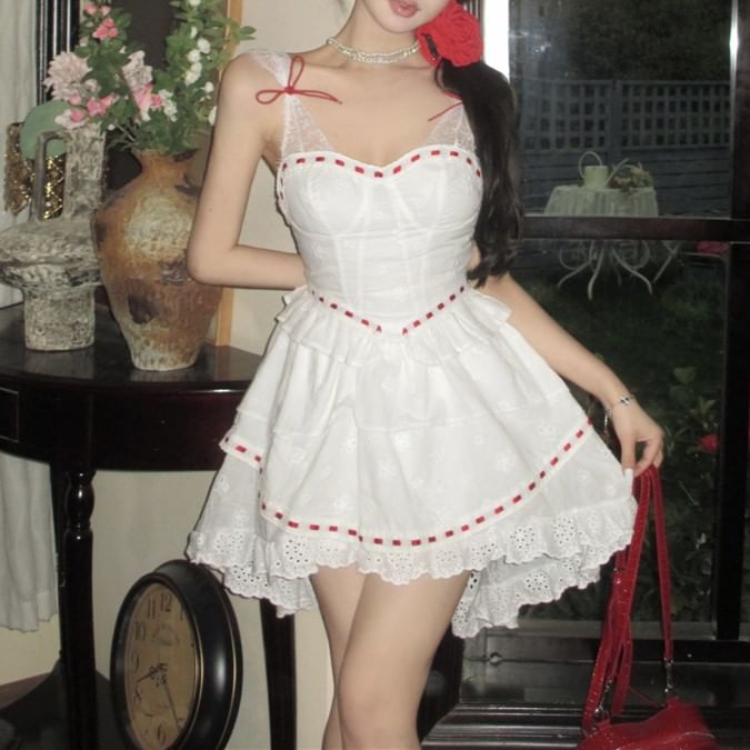 Sleeveless Two Tone Bow Lace Panel Mini A-Line Corset Dress
