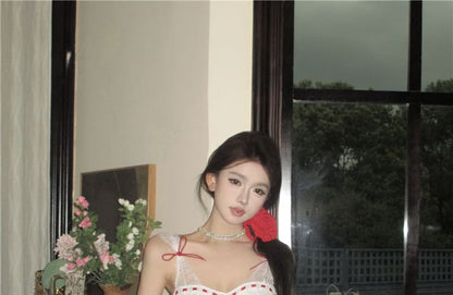 Sleeveless Two Tone Bow Lace Panel Mini A-Line Corset Dress