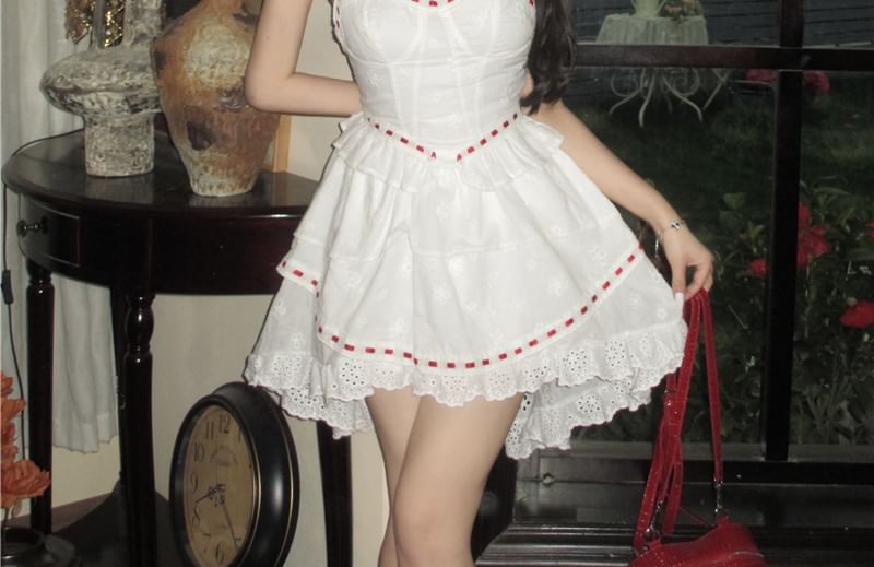 Sleeveless Two Tone Bow Lace Panel Mini A-Line Corset Dress