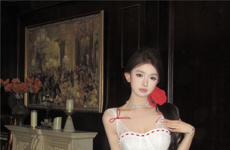 Sleeveless Two Tone Bow Lace Panel Mini A-Line Corset Dress