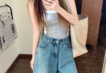 High Rise Washed Capri Wide Leg Jeans