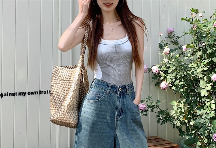 High Rise Washed Capri Wide Leg Jeans