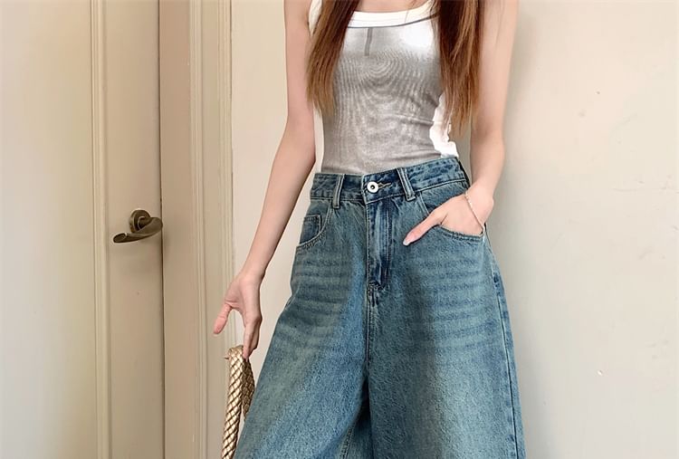 High Rise Washed Capri Wide Leg Jeans