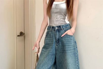 High Rise Washed Capri Wide Leg Jeans