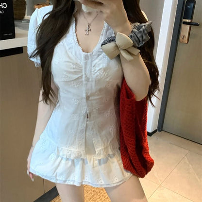 Short-Sleeve V-Neck Jacquard Ruffle Trim Slim Fit Blouse / High Rise Mini A-Line Skirt