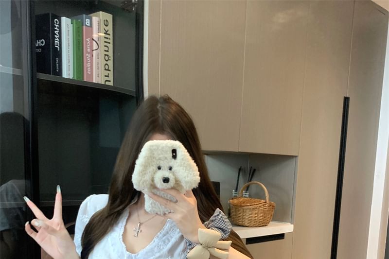 Short-Sleeve V-Neck Jacquard Ruffle Trim Slim Fit Blouse / High Rise Mini A-Line Skirt