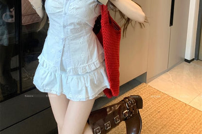 Short-Sleeve V-Neck Jacquard Ruffle Trim Slim Fit Blouse / High Rise Mini A-Line Skirt