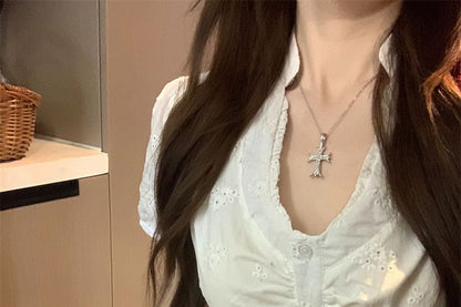 Short-Sleeve V-Neck Jacquard Ruffle Trim Slim Fit Blouse / High Rise Mini A-Line Skirt