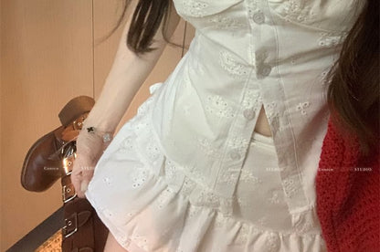 Short-Sleeve V-Neck Jacquard Ruffle Trim Slim Fit Blouse / High Rise Mini A-Line Skirt