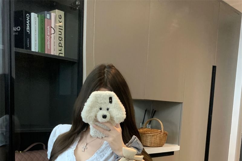 Short-Sleeve V-Neck Jacquard Ruffle Trim Slim Fit Blouse / High Rise Mini A-Line Skirt