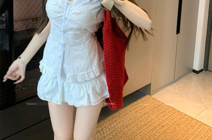 Short-Sleeve V-Neck Jacquard Ruffle Trim Slim Fit Blouse / High Rise Mini A-Line Skirt