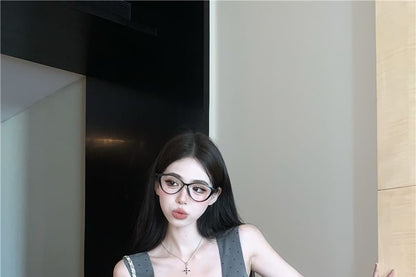 Square Neck Dotted Crop Slim Fit Tank Top / High Waist Bubble Hem Shorts