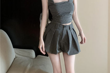 Square Neck Dotted Crop Slim Fit Tank Top / High Waist Bubble Hem Shorts