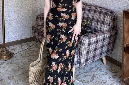 Cap-Sleeve Scoop Neck Floral Ruffle Trim Maxi Sheath Dress