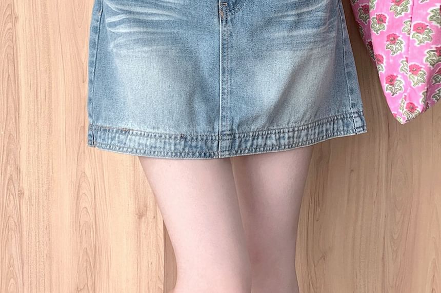 High Waist Washed Denim Mini A-Line Skirt
