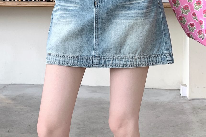 High Waist Washed Denim Mini A-Line Skirt